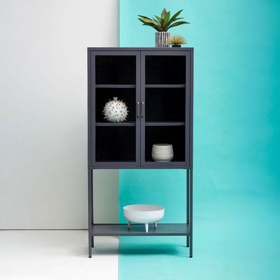Acier Grey Metal 2 Door Display Cabinet with Glass Doors