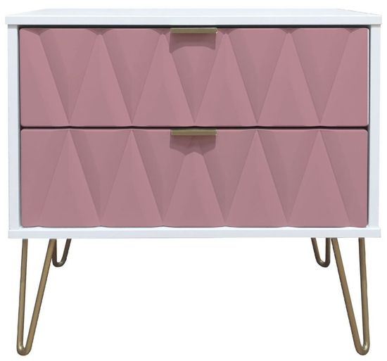 Diamond Pink and White 2 Drawer Midi Bedside Cabinet with Gold Hairpin Legs