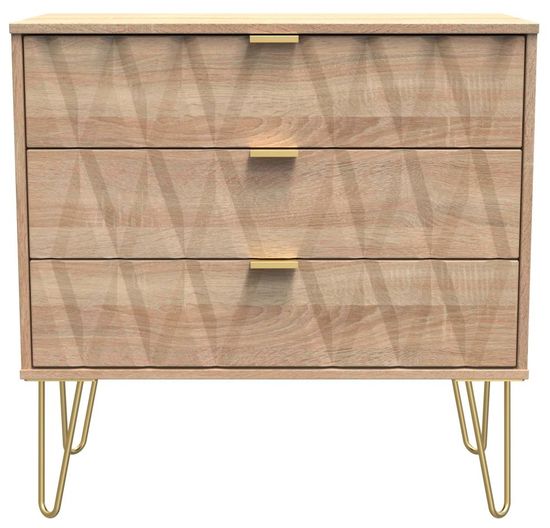 Diamond Oak Effect 3 Drawer Small Chest with Gold Hairpin Legs