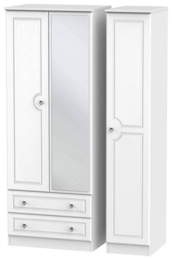 Crystal White 3 Door Tall Combi Wardrobe - 1 Mirror and LHF 2 Drawers