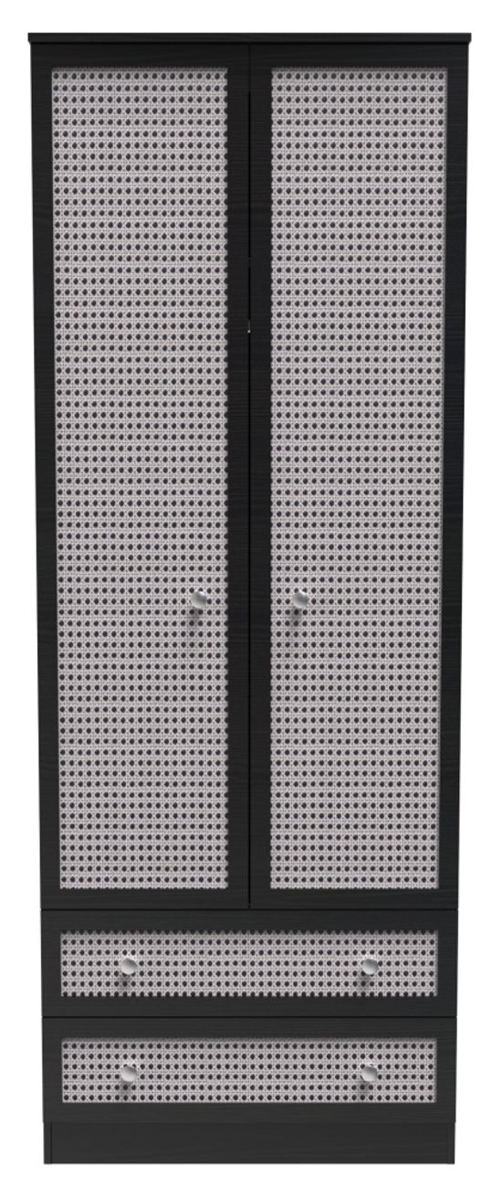 Rattan and Black Ash 2 Door 2 Drawer Tall Wardrobe