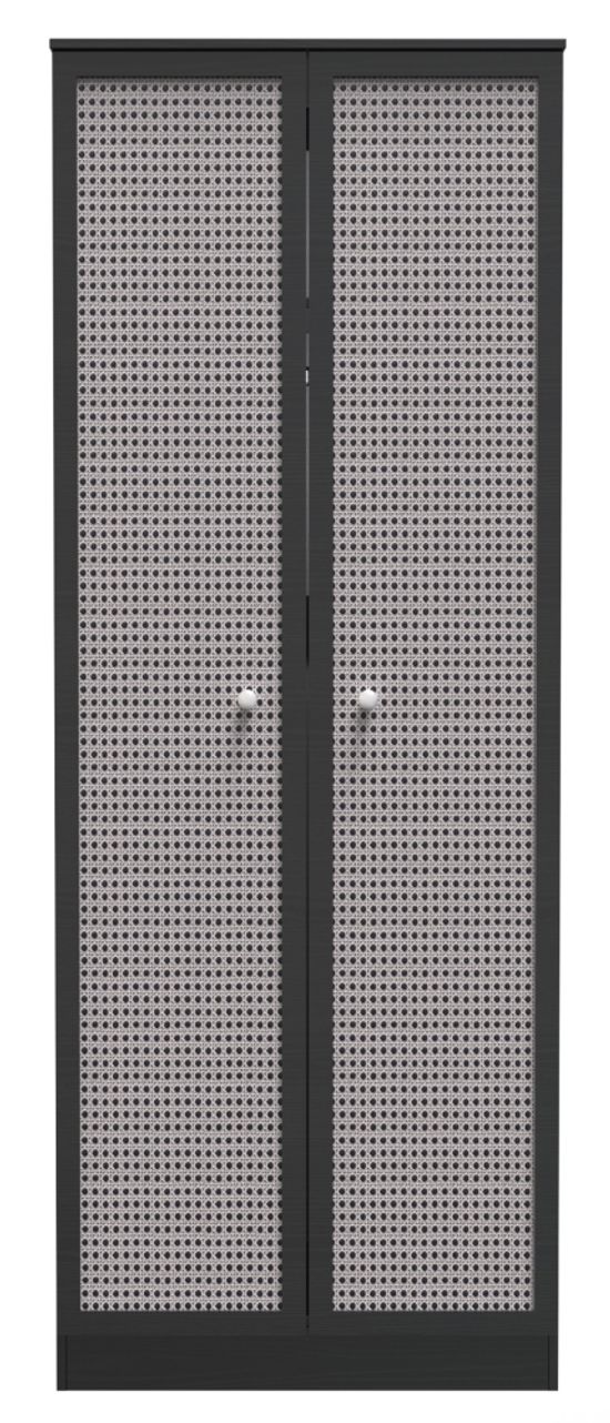 Rattan and Black Ash 2 Door Plain Tall Wardrobe