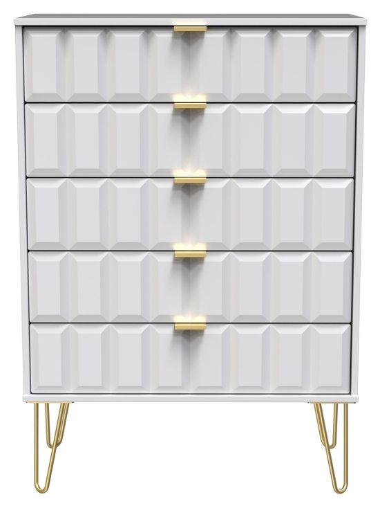 Cube White 5 Drawer Chest with Gold Hairpin Legs