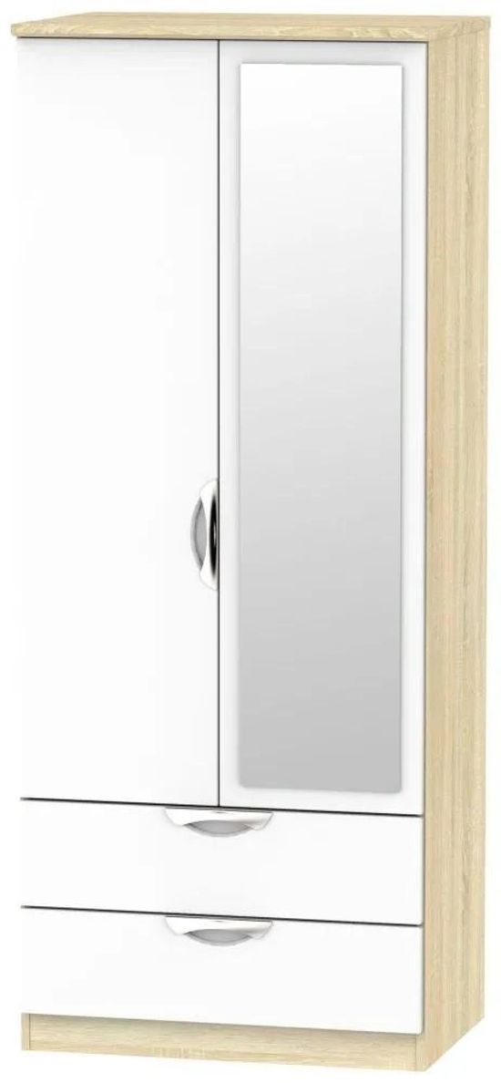 Camden White Gloss and Oak Effect 2 Door Combi Wardrobe - 1 Mirror