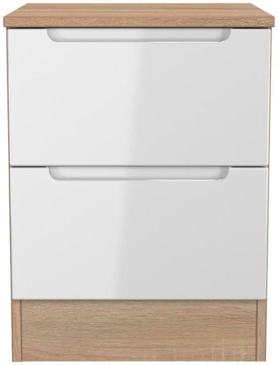 Milan White Gloss and Oak Effect 2 Drawer Bedside Cabinet