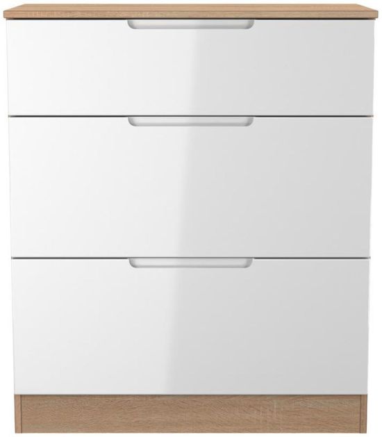 Milan White Gloss and Oak Effect 3 Drawer Deep Chest