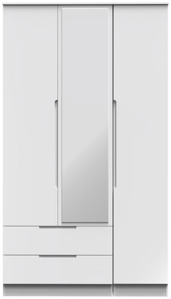 Milan White Gloss 3 Door Tall Combi Wardrobe - 1 Mirror and LHF 2 Drawers