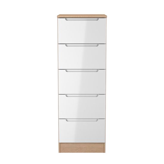 Milan White Gloss and Oak Effect 5 Drawer Narrow Chest