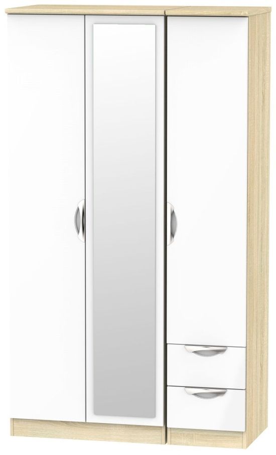 Camden White Gloss and Oak Effect 3 Door Tall Combi Wardrobe - 1 Mirror and RHF 2 Drawers