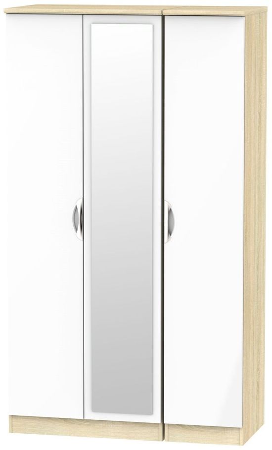 Camden White Gloss and Oak Effect 3 Door Tall Triple Wardrobe - 1 Mirror