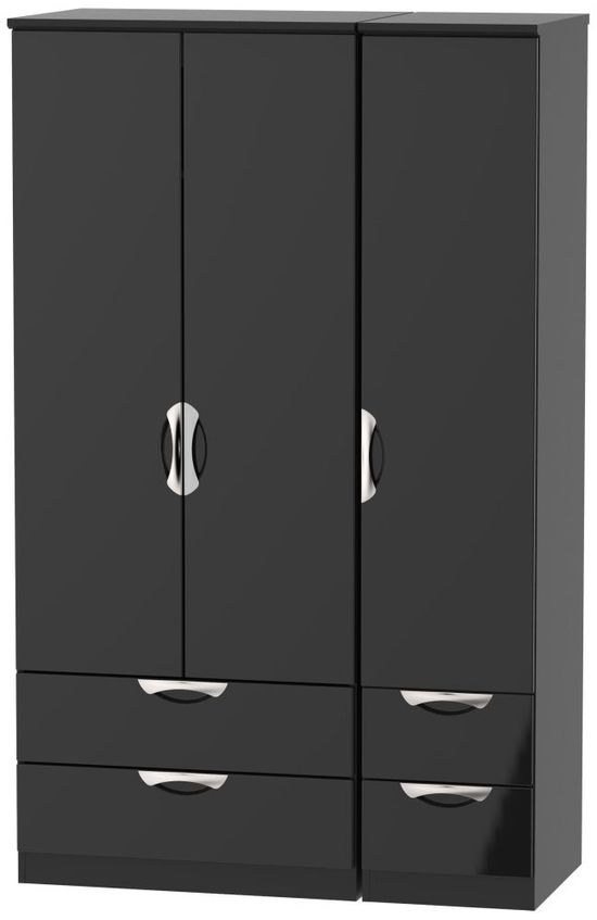 Camden Black Gloss 3 Door Triple Wardrobe - 4 Drawers