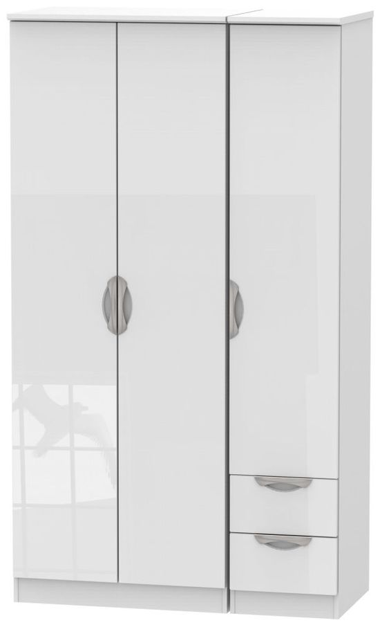 Camden White Gloss 3 Door Tall Triple Wardrobe - RHF 2 Drawers