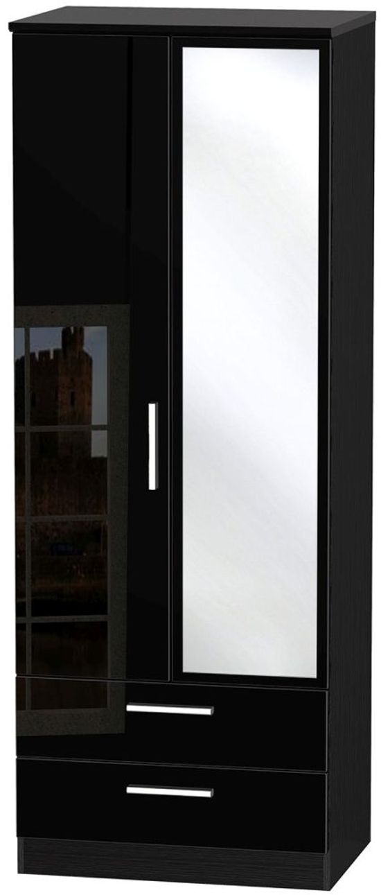 Knightsbridge Black Gloss 2 Door Tall Combi Wardrobe - 1 Mirror