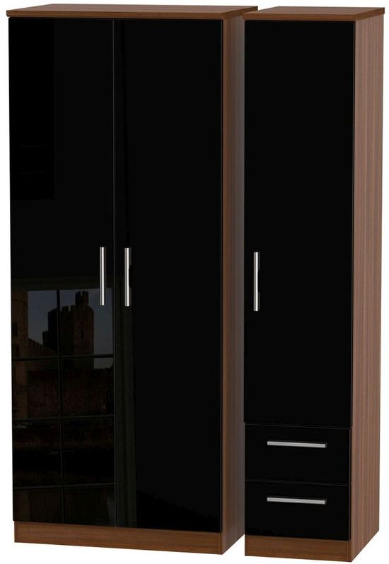 Knightsbridge Black Gloss and Walnut Effect 3 Door Triple Wardrobe - RHF 2 Drawers