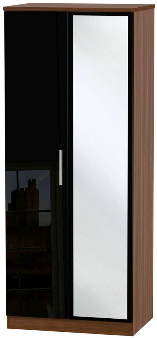 Knightsbridge Black Gloss and Walnut Effect 2 Door Wardrobe - 1 Mirror