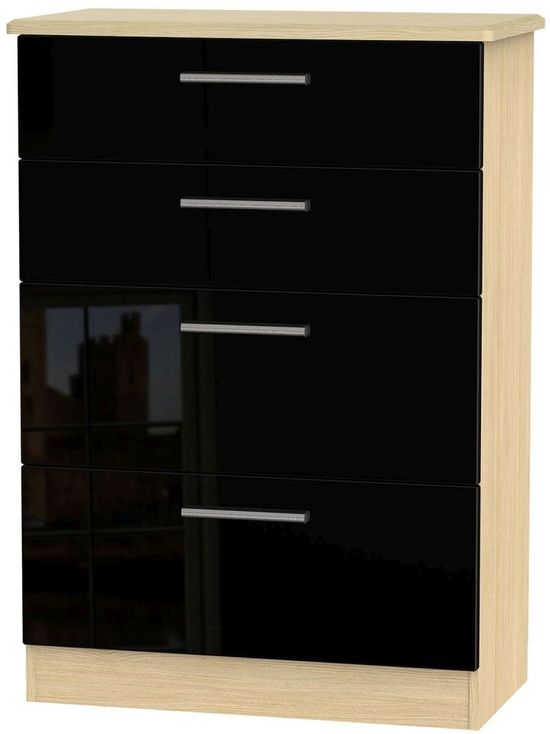 Knightsbridge Black Gloss and Light Oak 4 Drawer Deep Chest