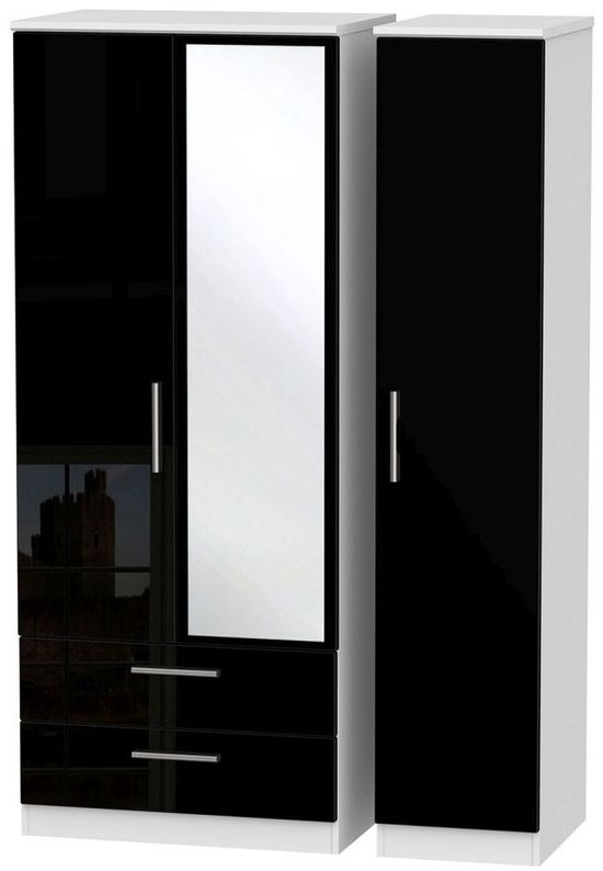 Knightsbridge Black Gloss and White 3 Door Combi Wardrobe - 1 Mirror and LHF 2 Drawers