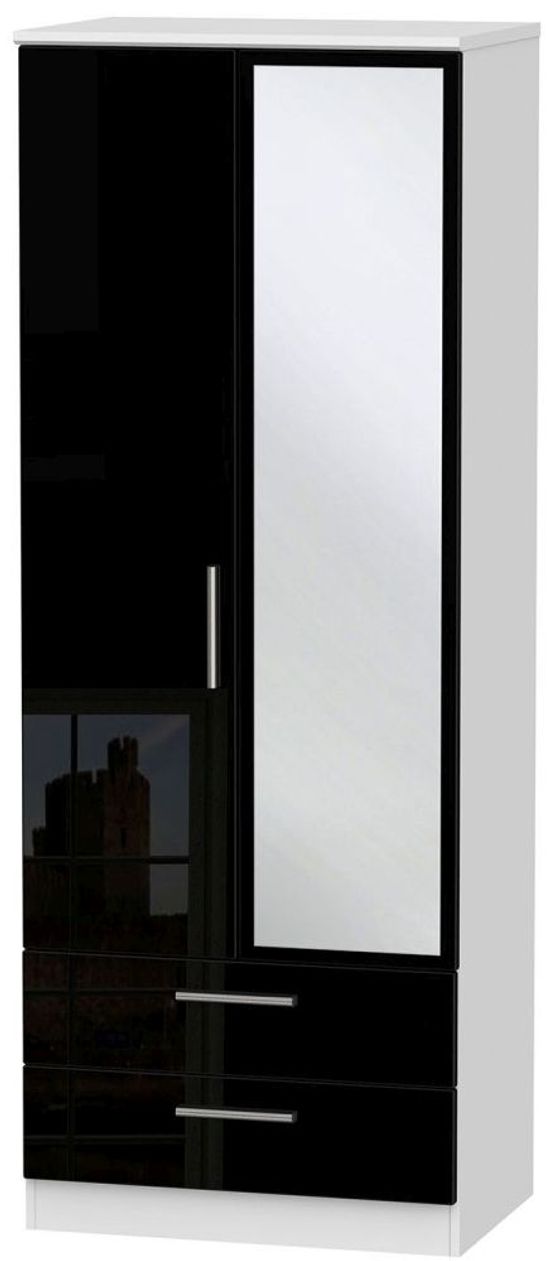 Knightsbridge Black Gloss and White 2 Door Tall Combi Wardrobe - 1 Mirror