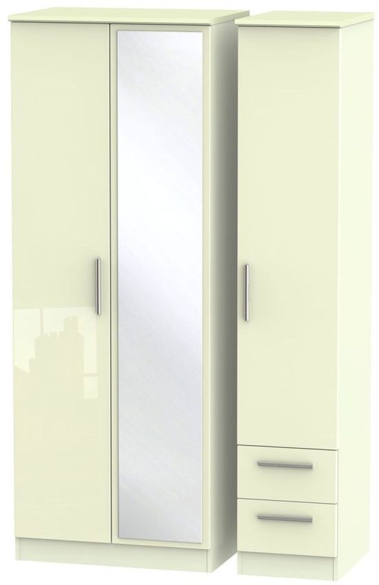 Knightsbridge Cream Gloss 3 Door Tall Combi Wardrobe - 1 Mirror and RHF 2 Drawers
