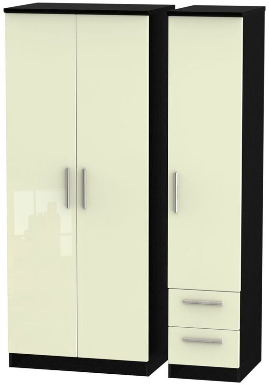 Knightsbridge Cream Gloss and Black 3 Door Triple Wardrobe - RHF 2 Drawers