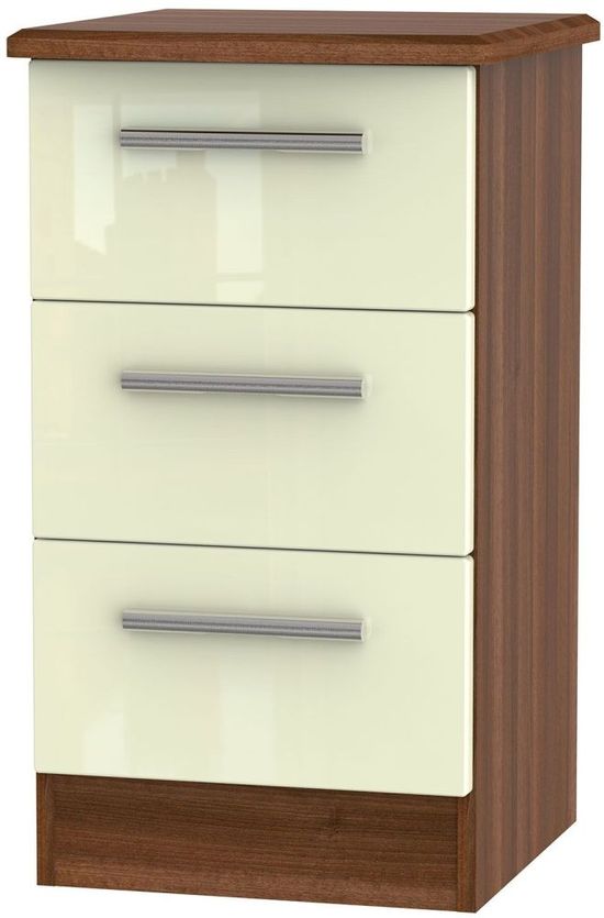 Knightsbridge Cream Gloss and Walnut Effect 3 Drawer Bedside Cabinet