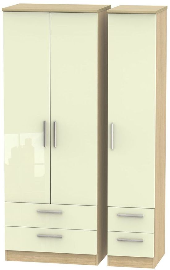 Knightsbridge Cream Gloss and Light Oak 3 Door Tall Triple Wardrobe - 4 Drawers