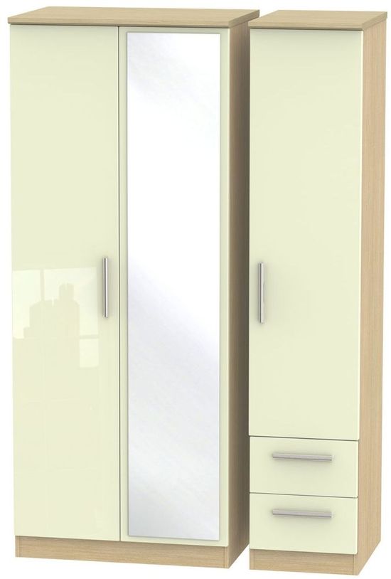 Knightsbridge Cream Gloss and Light Oak 3 Door Combi Wardrobe - 1 Mirror and RHF 2 Drawers