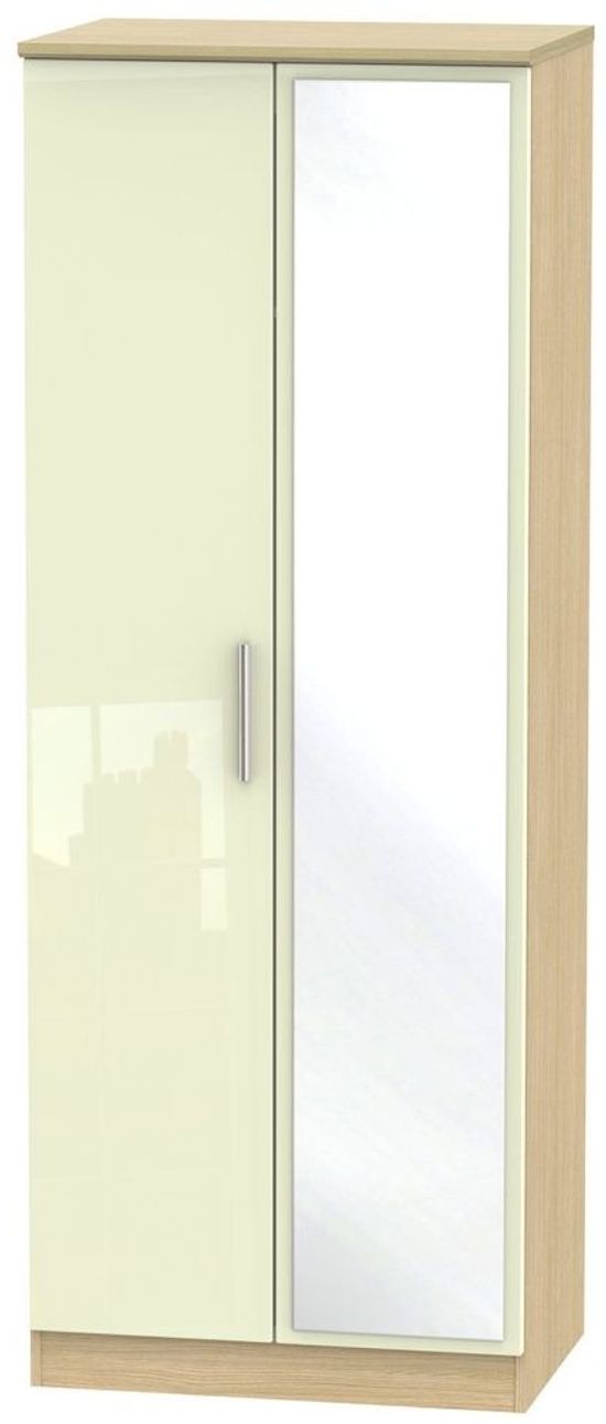 Knightsbridge Cream Gloss and Light Oak 2 Door Tall Wardrobe - 1 Mirror
