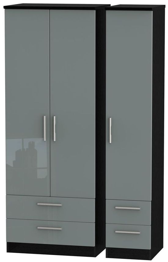 Knightsbridge Grey Gloss and Black 3 Door Tall Triple Wardrobe - 4 Drawers