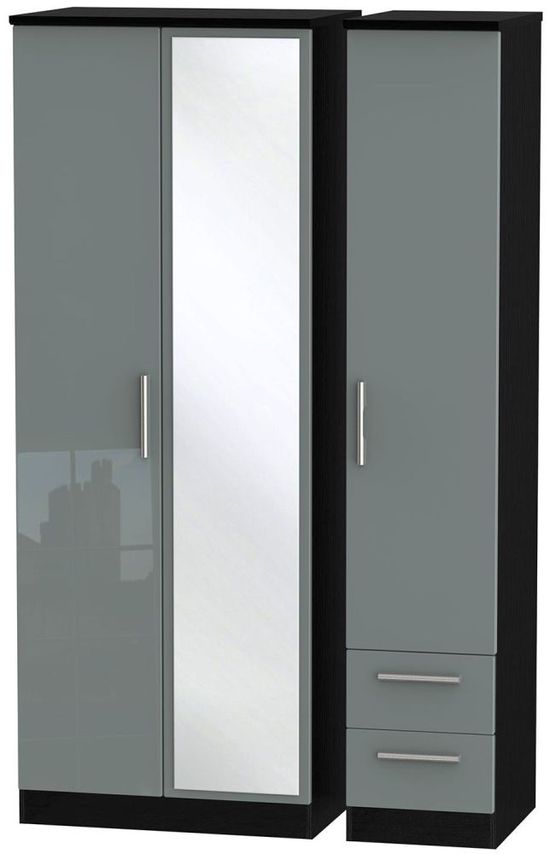 Knightsbridge Grey Gloss and Black 3 Door Tall Combi Wardrobe - 1 Mirror and RHF 2 Drawers