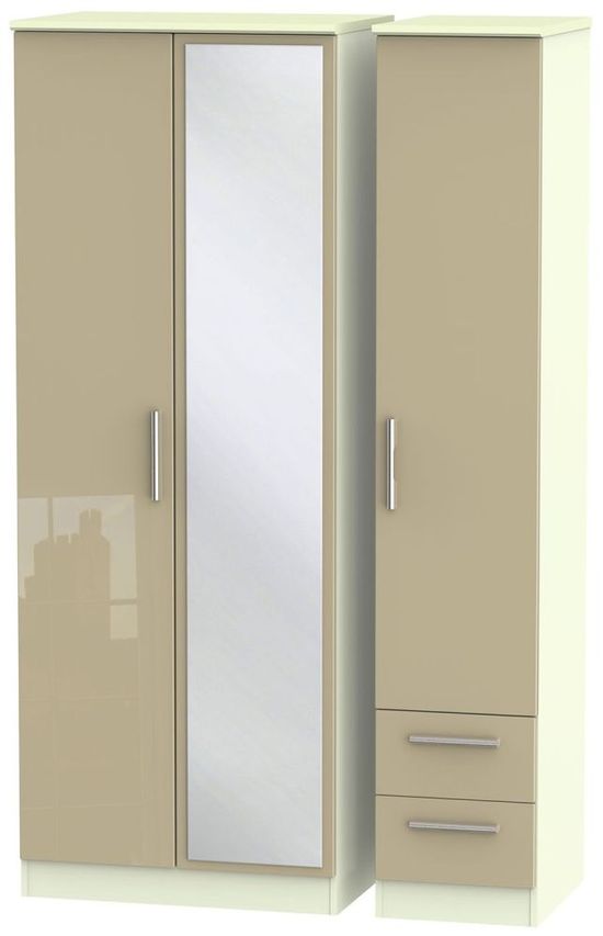 Knightsbridge Mushroom and Cream 3 Door Tall Combi Wardrobe - 1 Mirror and RHF 2 Drawers