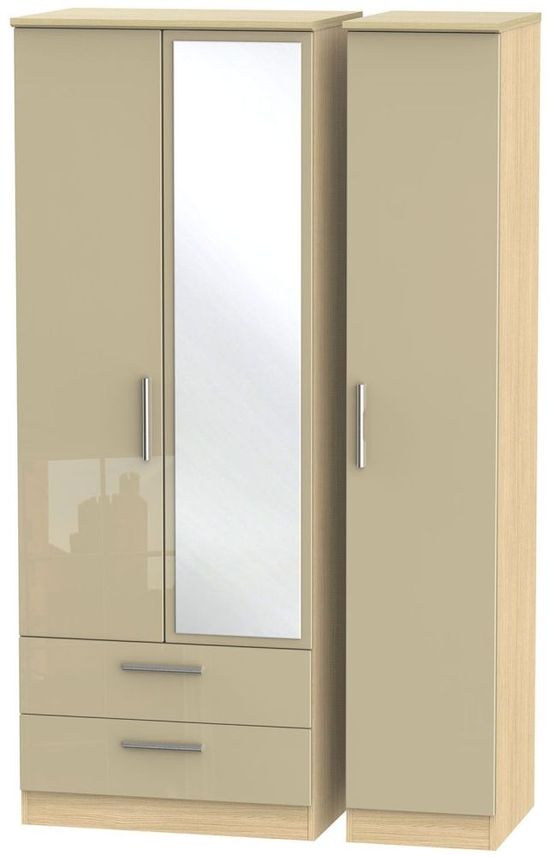 Knightsbridge Mushroom and Light Oak 3 Door Tall Combi Wardrobe - 1 Mirror and LHF 2 Drawers