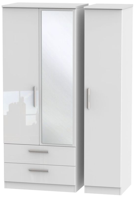 Knightsbridge White Gloss 3 Door Combi Wardrobe - 1 Mirror and LHF 2 Drawers