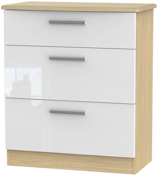 Knightsbridge White Gloss and Light Oak 3 Drawer Deep Chest