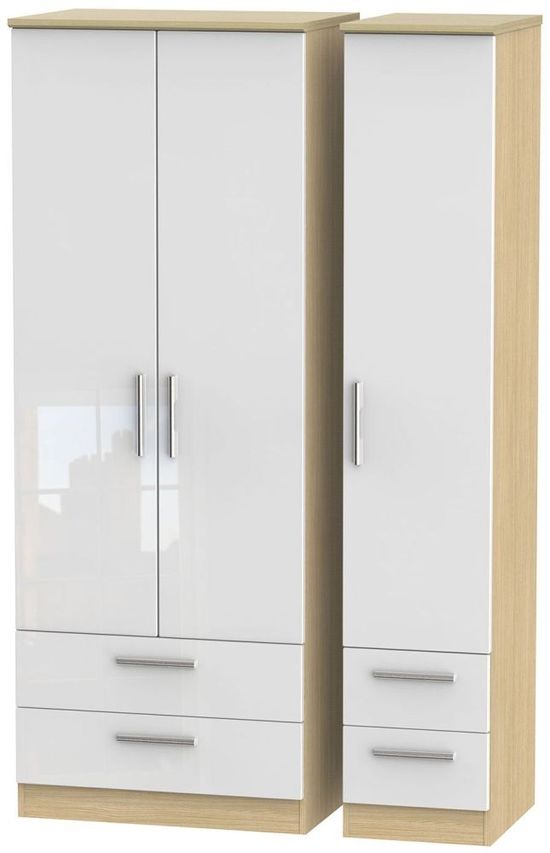 Knightsbridge White Gloss and Light Oak 3 Door Tall Triple Wardrobe - 4 Drawers