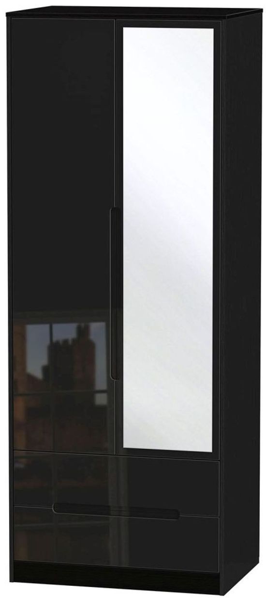 Monaco Black Gloss 2 Door Tall Combi Wardrobe - 1 Mirror
