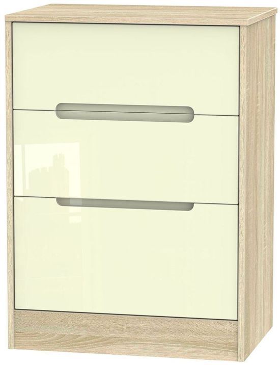 Monaco Cream Gloss and Oak Effect 3 Drawer Deep Midi Chest