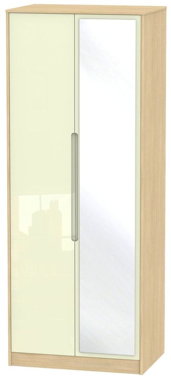 Monaco Cream Gloss and Light Oak 2 Door Tall Wardrobe - 1 Mirror