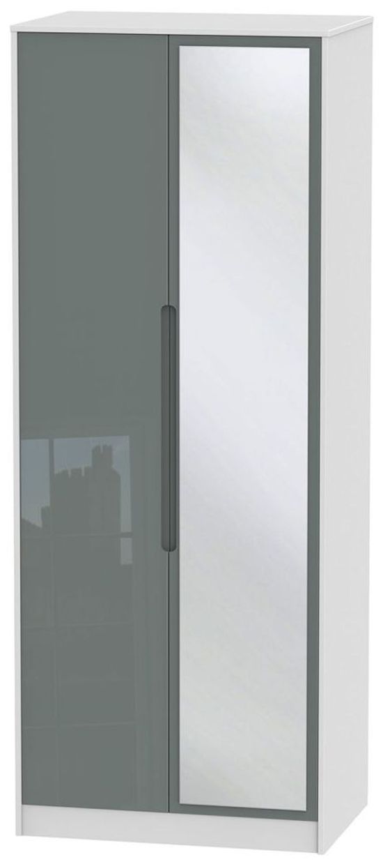 Monaco Grey Gloss and White 2 Door Tall Wardrobe - 1 Mirror