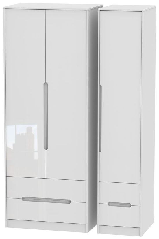 Monaco White Gloss 3 Door Tall Triple Wardrobe - 4 Drawers