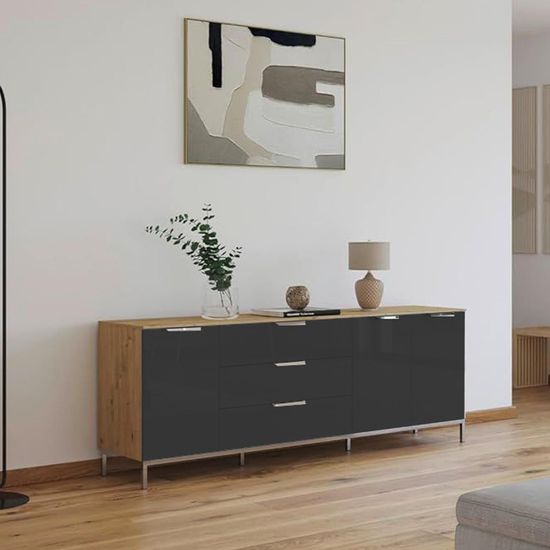 Rauch Flipp 3 Door Low Sideboard with Metal Base - 199cm - Artisan Oak and Basalt Glass