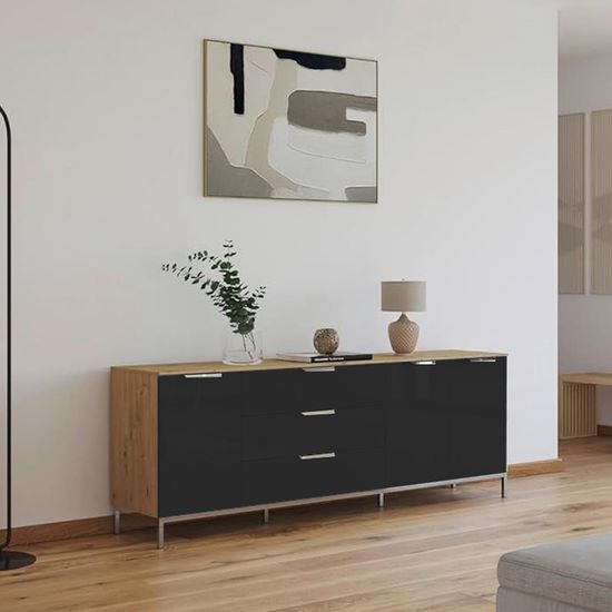 Rauch Flipp 3 Door Low Sideboard with Metal Base - 199cm - Artisan Oak and Graphite