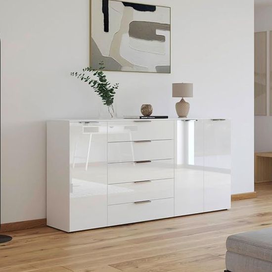 Rauch Flipp 3 Door Sideboard with Adjustable Height - 199cm - Alpine White and White Glass