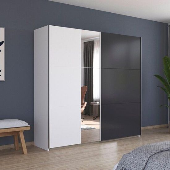 Rauch Monza 218cm 2 Door Sliding Wardrobe with Mirror - Alpine White and Metallic Dark Grey