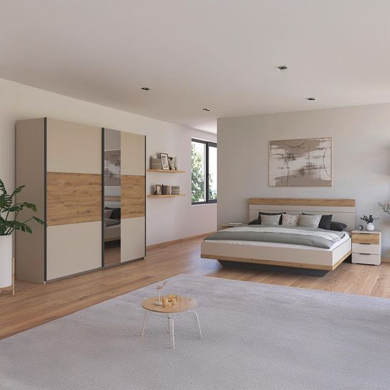 Rauch Sajo 160cm Bedroom Set with Mirror Wardrobe - Champagne and Artisan Oak