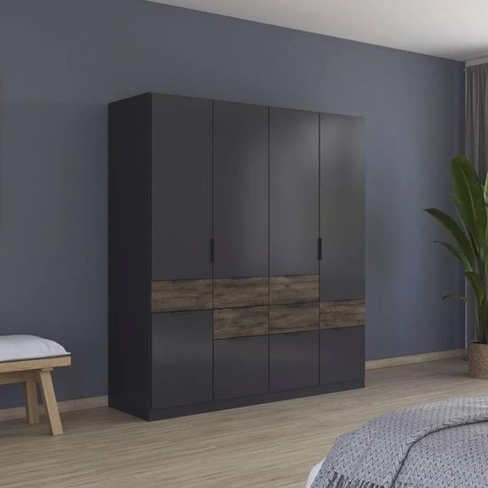 Rauch Mats 181cm 5 Door Wardrobe with Drawer - Metallic Dark Grey and Atlantic Dark Oak