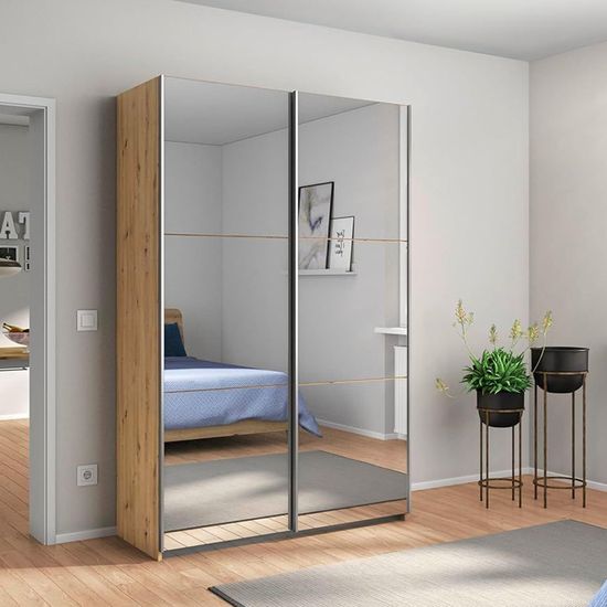 Rauch Reflect 131cm 2 Door Mirrored Sliding Wardrobe with Interior Division - Artisan Oak