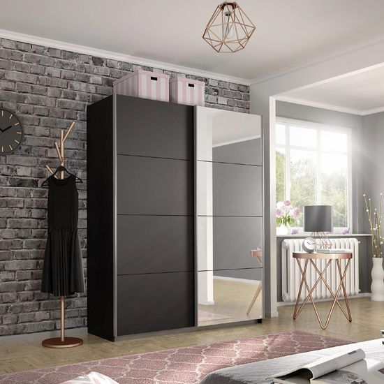 Rauch Belluno 136cm 2 Door Sliding Wardrobe with Mirror - Metallic Dark Grey