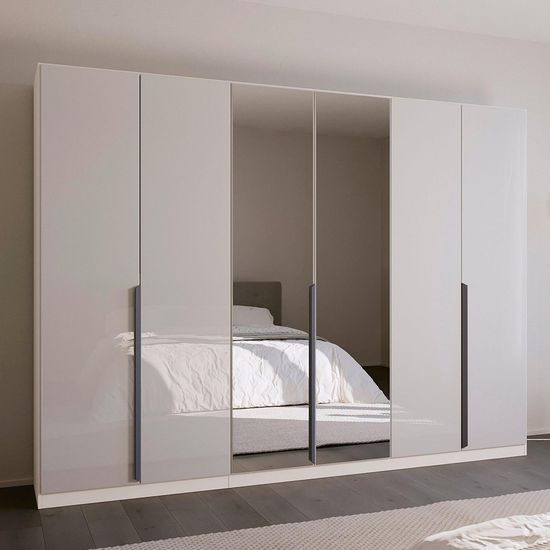 Rauch Quadra Spin 271cm 6 Door Wardrobe with Mirror - Alpine White and Crystal White Glass