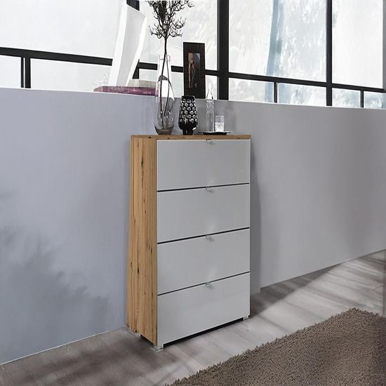 Rauch Erimo 4 Drawer Narrow Chest - Artisan Oak and Silk Grey Glass